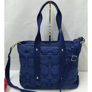 Coach Signature Blue Canvas Paten Leather Double Handle Satchel Shoulder Bag